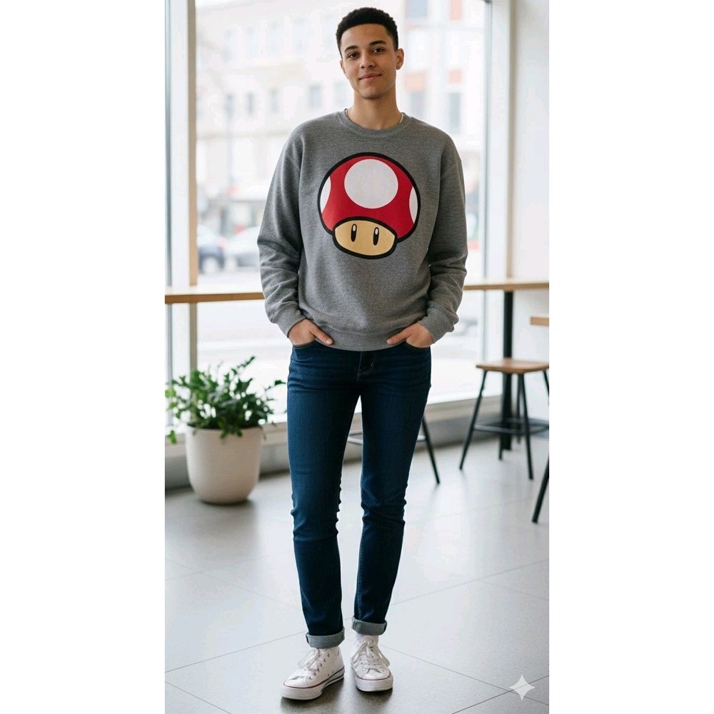 Super Mario Men's XL Mushroom Oversized Sweatshirt Grey Y2K Streetwear Gaming